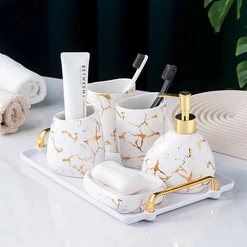 Acessórios Marmorizados Nórdicos para Banheiro - 03 Cores Elegantes para Sua Decoração - Minha loja