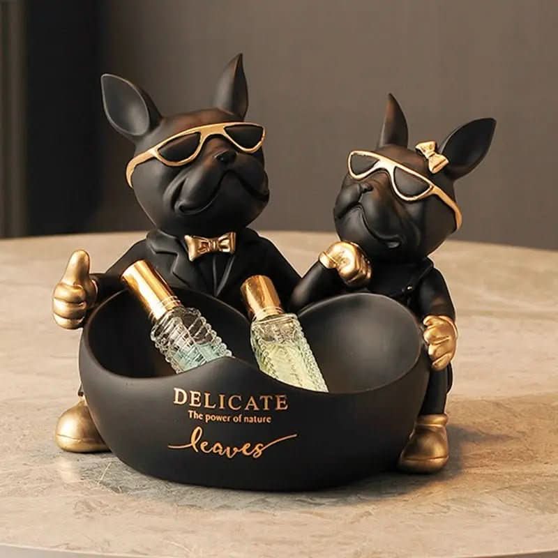 Estatueta Decorativa BullDog Francês Casal Edição Limitada - Suporte de Madeira Incluso - Minha loja