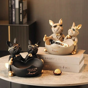 Estatueta Decorativa BullDog Francês Casal Edição Limitada - Suporte de Madeira Incluso - Minha loja