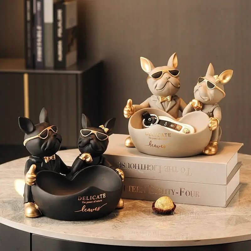 Estatueta Decorativa BullDog Francês Casal Edição Limitada - Suporte de Madeira Incluso - Minha loja