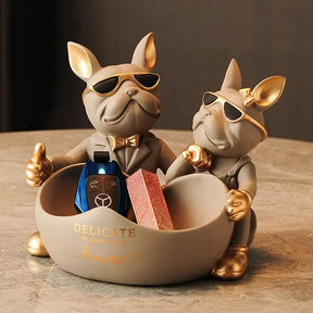 Estatueta Decorativa BullDog Francês Casal Edição Limitada - Suporte de Madeira Incluso - Minha loja