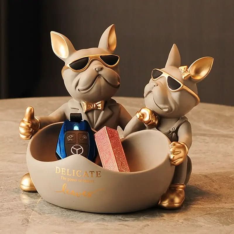 Estatueta Decorativa BullDog Francês Casal Edição Limitada - Suporte de Madeira Incluso - Minha loja