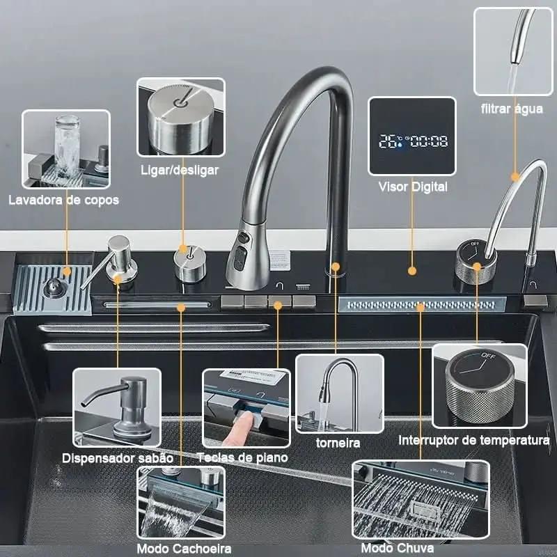Gourmet-Wasserfall-Küchenwaschbecken-Set aus Edelstahl mit flexiblem Wasserhahn – Mein Shop