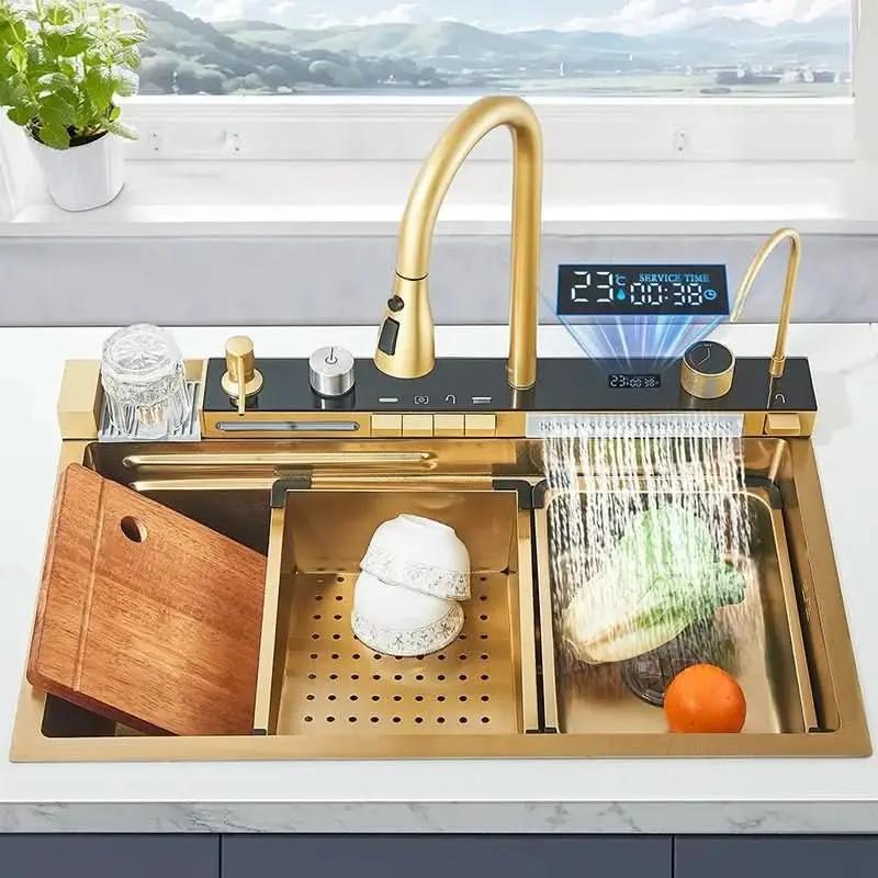 Gourmet-Wasserfall-Küchenwaschbecken-Set aus Edelstahl mit flexiblem Wasserhahn – Mein Shop