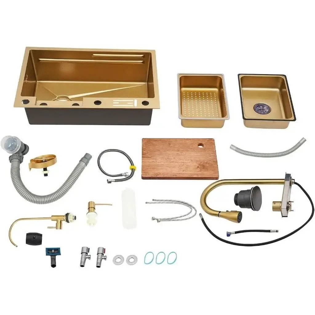Goldene quadratische Gourmet-Küchenspüle 75 x 45 cm, Edelstahl 304 mit komplettem Zubehör – Mein Shop