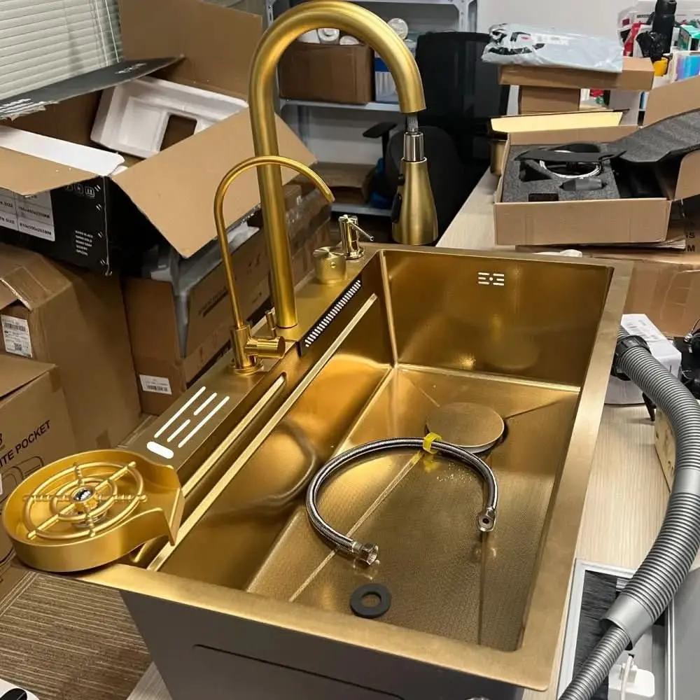 Goldene quadratische Gourmet-Küchenspüle 75 x 45 cm, Edelstahl 304 mit komplettem Zubehör – Mein Shop