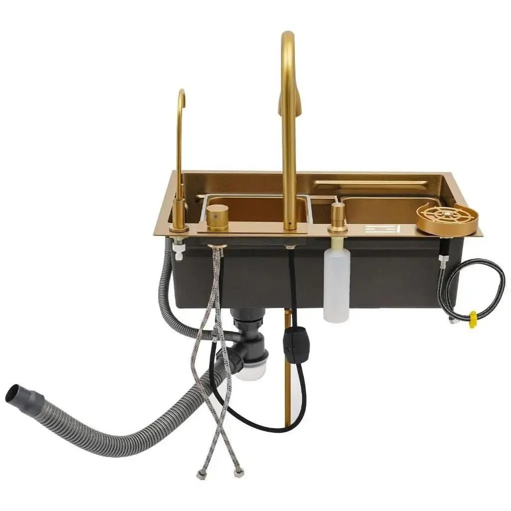 Goldene quadratische Gourmet-Küchenspüle 75 x 45 cm, Edelstahl 304 mit komplettem Zubehör – Mein Shop