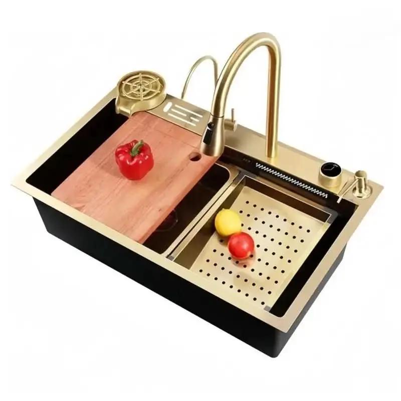 Goldene quadratische Gourmet-Küchenspüle 75 x 45 cm, Edelstahl 304 mit komplettem Zubehör – Mein Shop