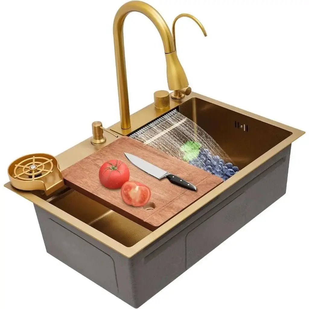 Goldene quadratische Gourmet-Küchenspüle 75 x 45 cm, Edelstahl 304 mit komplettem Zubehör – Mein Shop