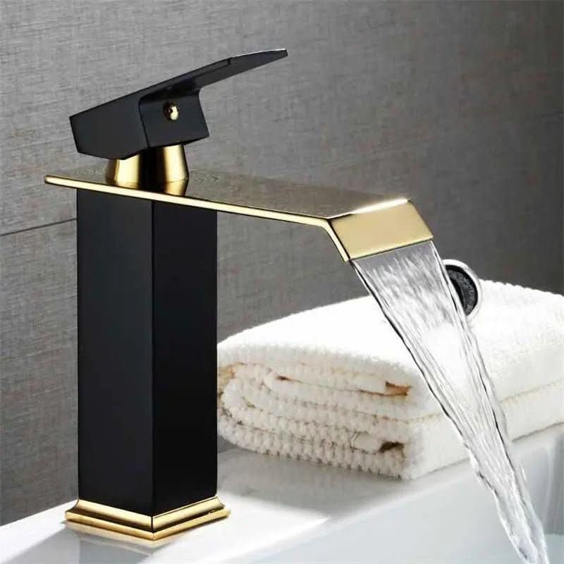 Torneira Banheiro Monocomando Cascata Preta Dourada Bica Baixa Quadrada - Minha loja
