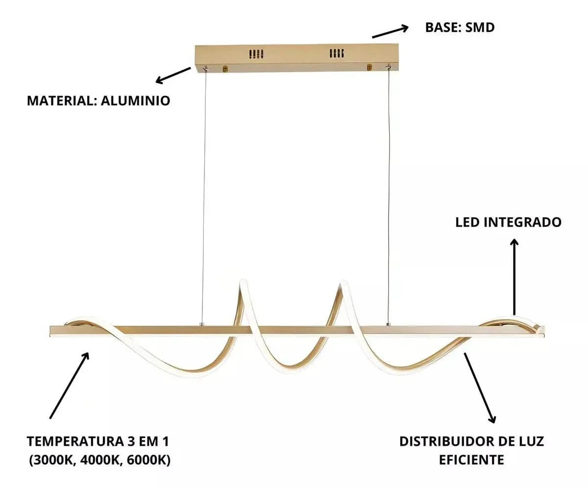 Lustre Pendente Led 45w 3 Em 1 Moderno Quarto Sala Dourado - Minha loja