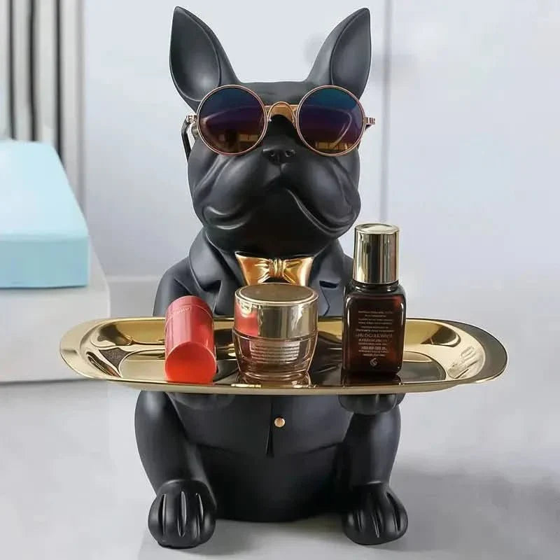 Escultura Cachorro Bulldog com Bandeja e Óculos - Minha loja