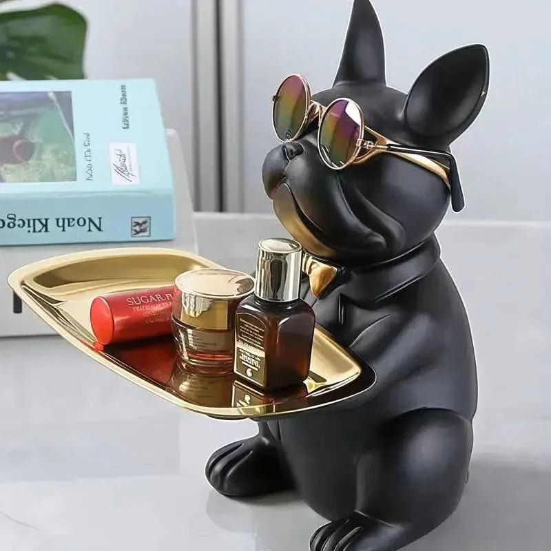 Escultura Cachorro Bulldog com Bandeja e Óculos - Minha loja