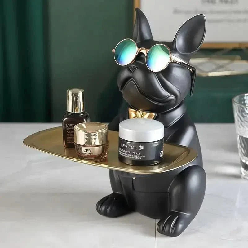 Escultura Cachorro Bulldog com Bandeja e Óculos - Minha loja