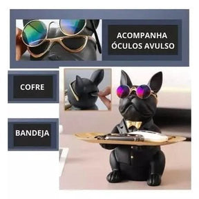 Escultura Cachorro Bulldog com Bandeja e Óculos - Minha loja