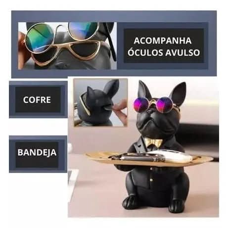 Escultura Cachorro Bulldog com Bandeja e Óculos - Minha loja