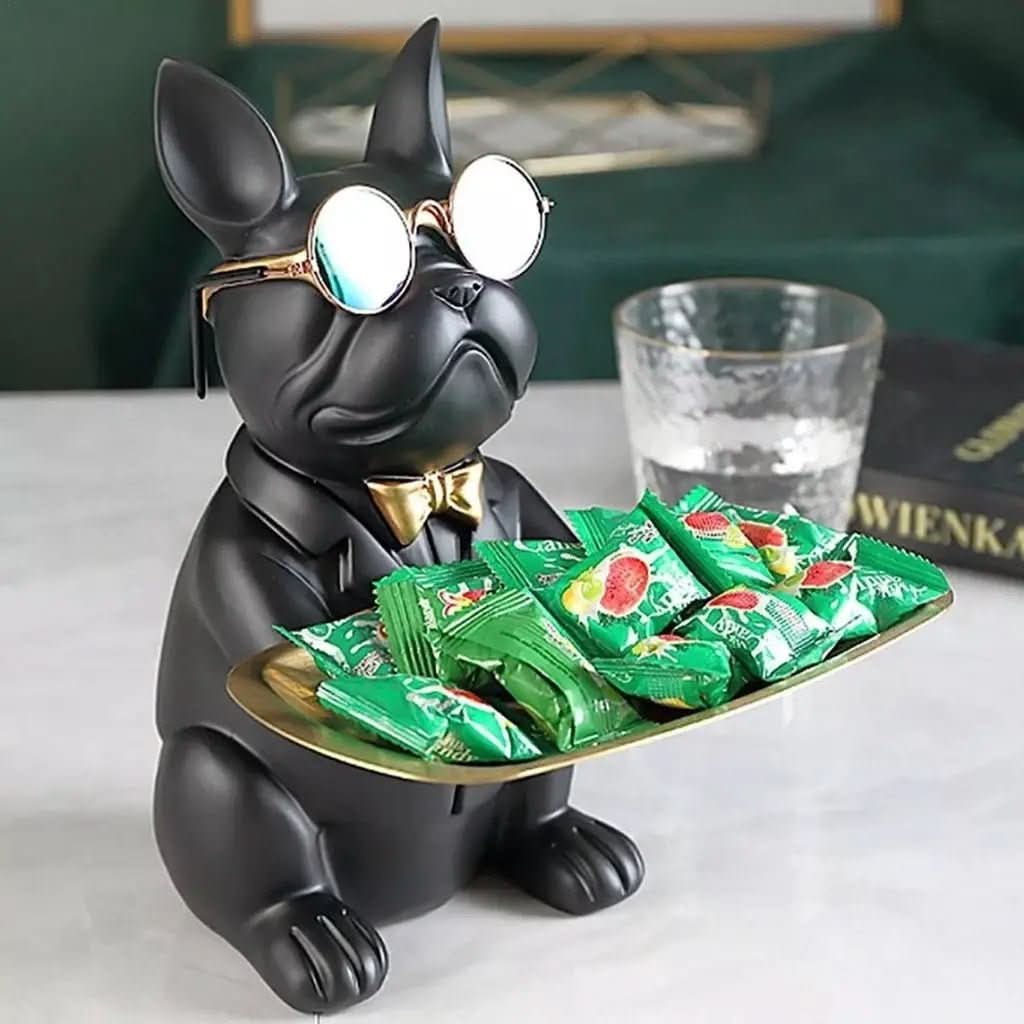 Escultura Cachorro Bulldog com Bandeja e Óculos - Minha loja