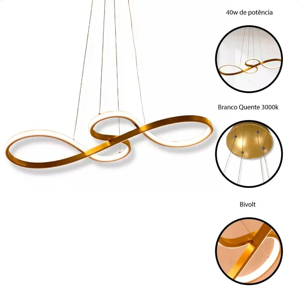 Lustre Pendente de Led 40w Dourado 75cm - 3 Cores de Luz para Iluminação Personalizada - Minha loja