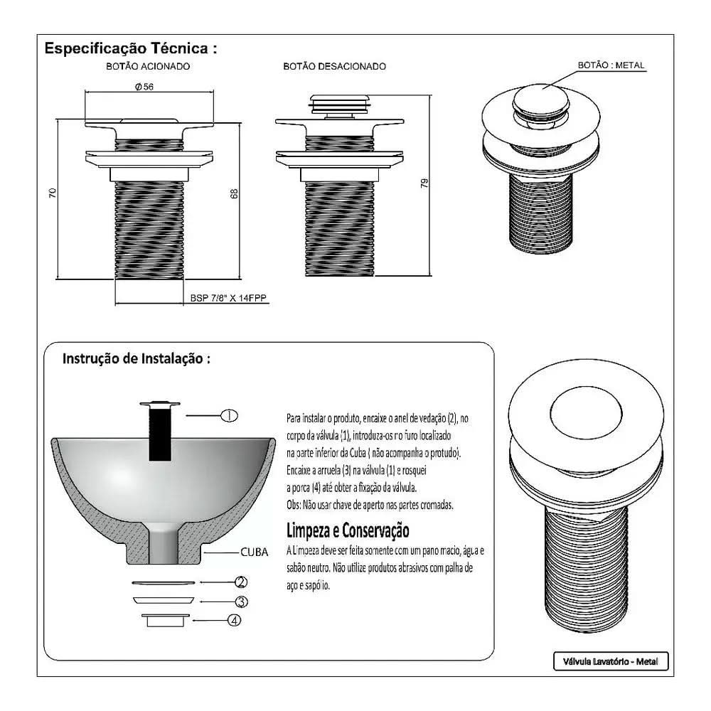 Válvula para Pia Click Up Inteligente 7/8 - Lavatório Banheiro E311 Preta - Design Funcional - Minha loja