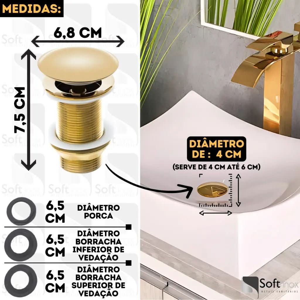 Válvula Click de Inox para Cuba de Banheiro Dourada 4cm - Minha loja