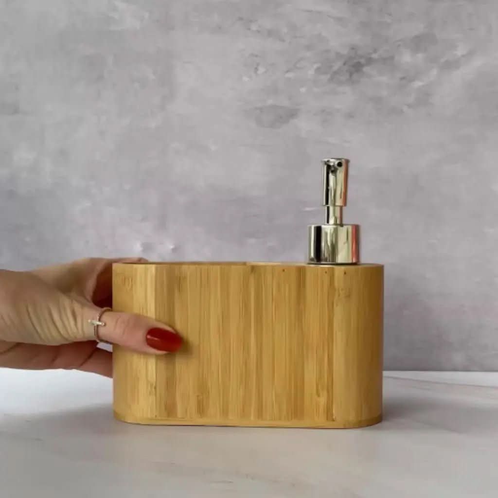 Dispenser Porta Detergente E Esponja Com Valvula Bambu Kit Pia Cozinha - Minha loja