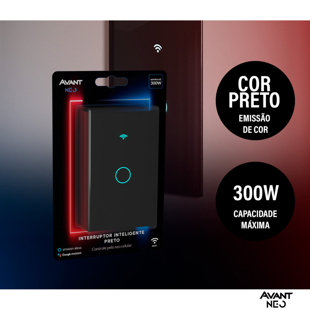 Interruptor Inteligente Touch Smart WiFi com 1, 2 ou 3 botões Preto Avant Neo - Minha loja